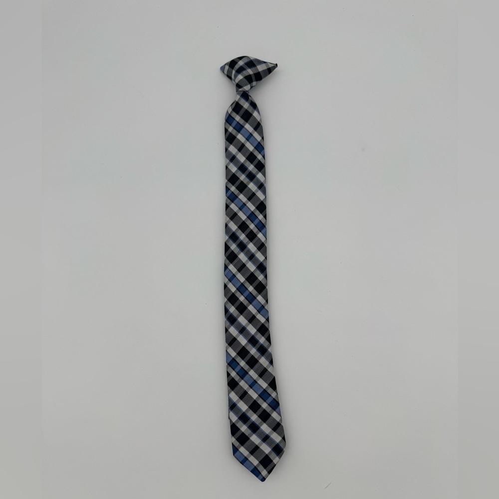 Boys Clip on skinny neck Tie plaid checkered blue black white dressy formal
